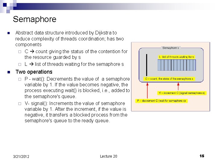 Semaphore n Abstract data structure introduced by Dijkstra to reduce complexity of threads coordination;