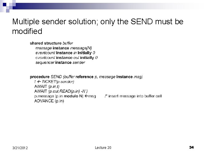 Multiple sender solution; only the SEND must be modified 3/21/2012 Lecture 20 34 