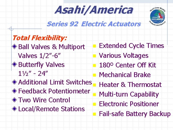 Asahi/America Series 92 Electric Actuators Total Flexibility: Ball Valves & Multiport n n Valves