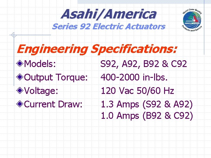 Asahi/America Series 92 Electric Actuators Engineering Specifications: Models: Output Torque: Voltage: Current Draw: S