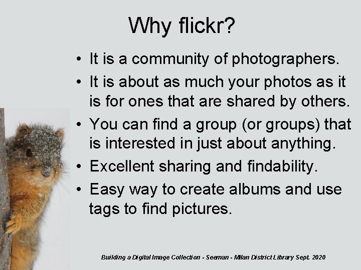 Why flickr? • It is a community of photographers. • It is about as