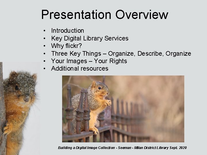 Presentation Overview • • • Introduction Key Digital Library Services Why flickr? Three Key