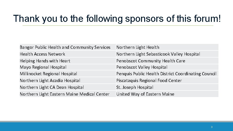 Thank you to the following sponsors of this forum! Bangor Public Health and Community