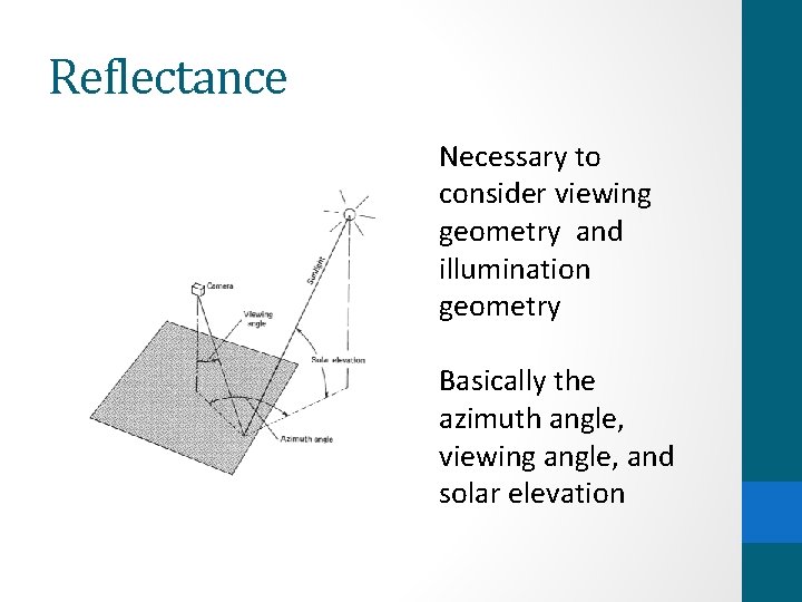 Reflectance Necessary to consider viewing geometry and illumination geometry Basically the azimuth angle, viewing