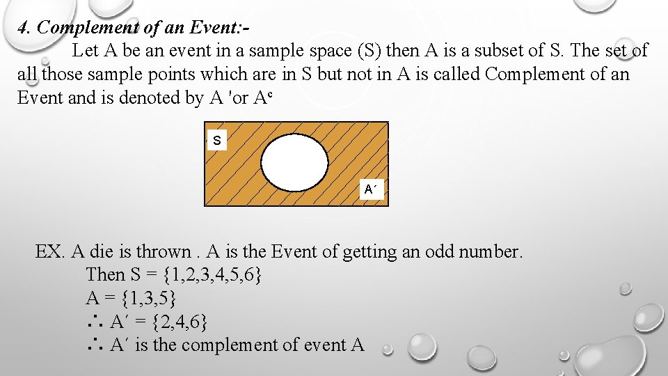 4. Complement of an Event: Let A be an event in a sample space