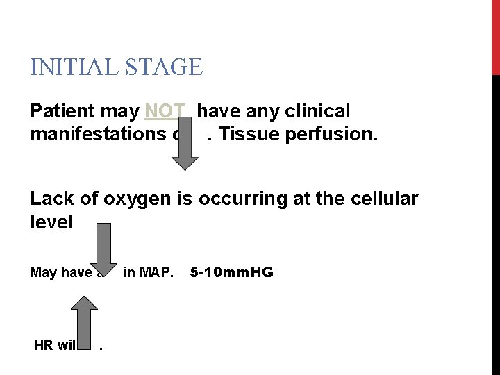 INITIAL STAGE Patient may NOT have any clinical manifestations of. Tissue perfusion. Lack of