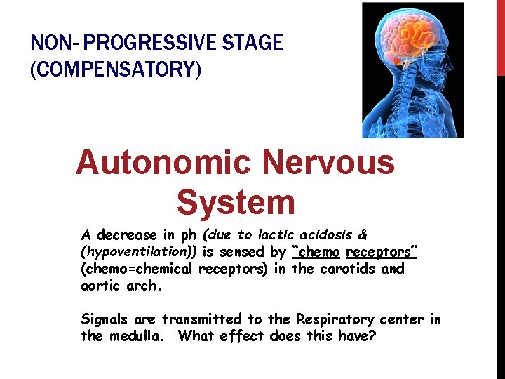 NON- PROGRESSIVE STAGE (COMPENSATORY) Autonomic Nervous System A decrease in ph (due to lactic