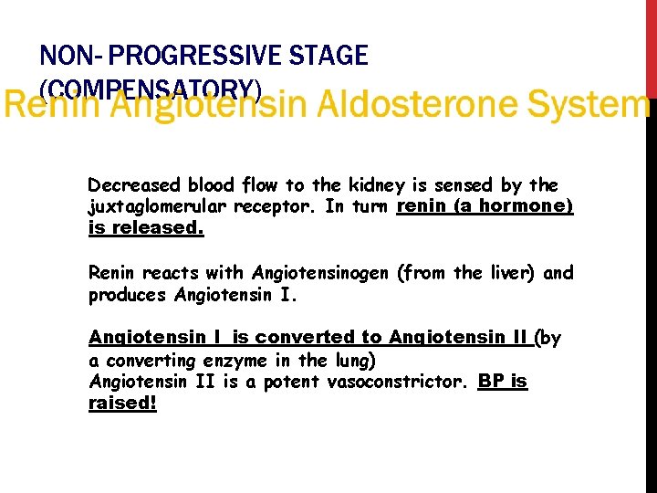 NON- PROGRESSIVE STAGE (COMPENSATORY) Decreased blood flow to the kidney is sensed by the