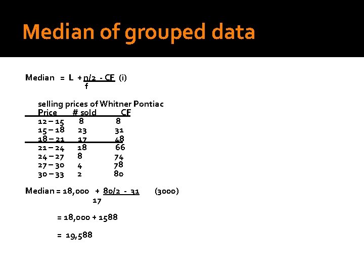 Median of grouped data Median = L + n/2 - CF (i) f selling