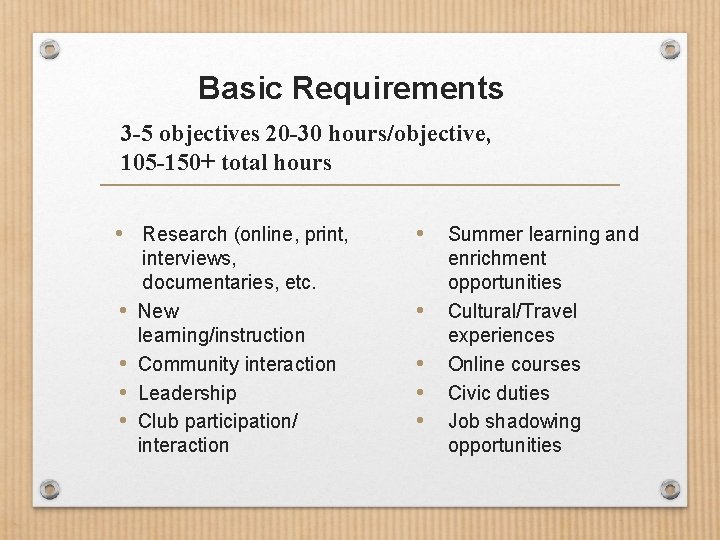 Basic Requirements 3 -5 objectives 20 -30 hours/objective, 105 -150+ total hours • Research