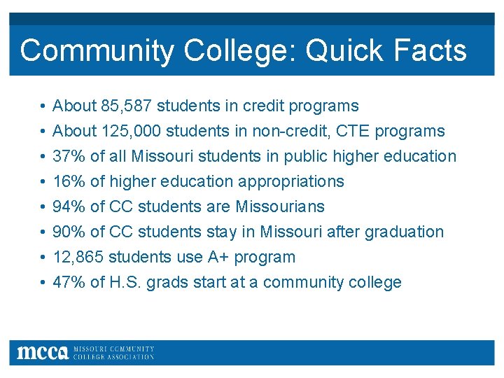Community College: Quick Facts • • About 85, 587 students in credit programs About