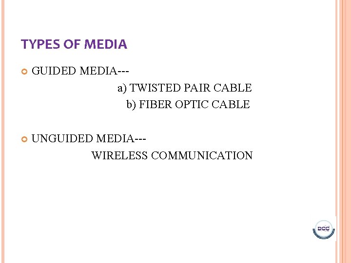 TYPES OF MEDIA GUIDED MEDIA--a) TWISTED PAIR CABLE b) FIBER OPTIC CABLE UNGUIDED MEDIA--WIRELESS