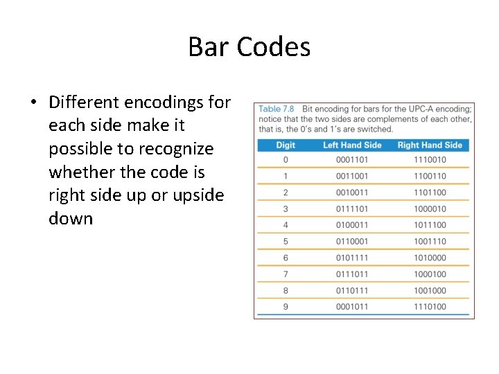 Bar Codes • Different encodings for each side make it possible to recognize whether