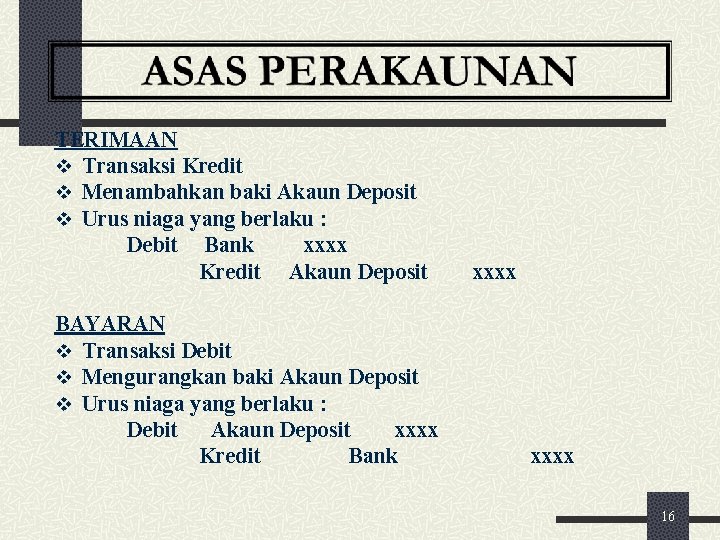 TERIMAAN v Transaksi Kredit v Menambahkan baki Akaun Deposit v Urus niaga yang berlaku