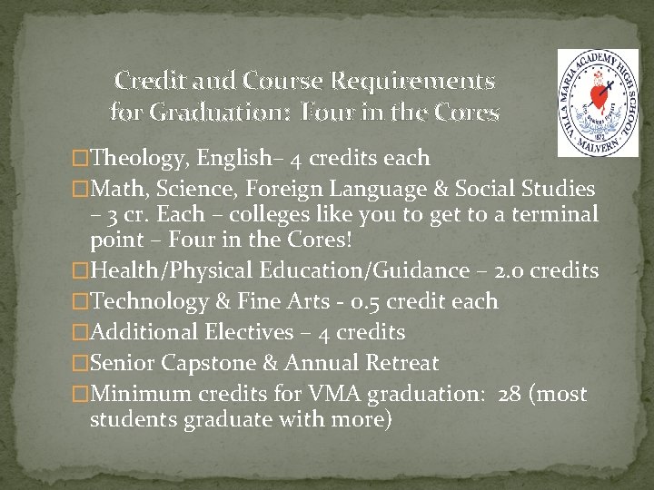 Credit and Course Requirements for Graduation: Four in the Cores �Theology, English– 4 credits