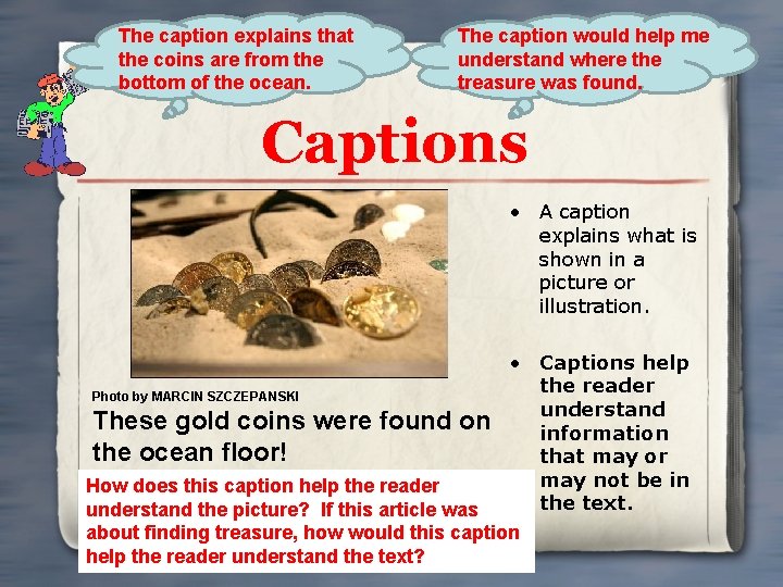 The caption explains that the coins are from the bottom of the ocean. The