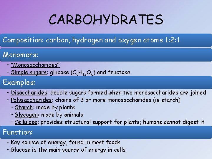 CARBOHYDRATES Composition: carbon, hydrogen and oxygen atoms 1: 2: 1 Monomers: • “Monosaccharides” •