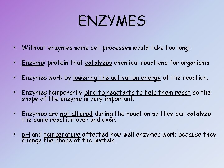 ENZYMES • Without enzymes some cell processes would take too long! • Enzyme: protein