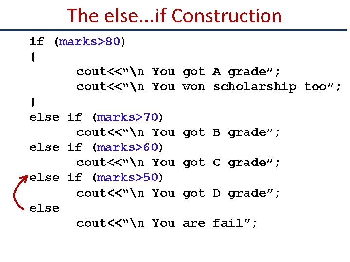 The else. . . if Construction if (marks>80) { cout<<“n You } else if