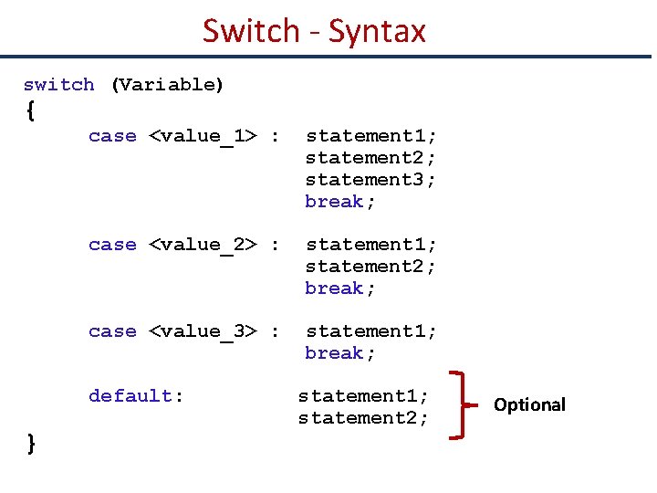 Switch - Syntax switch (Variable) { case <value_1> : statement 1; statement 2; statement