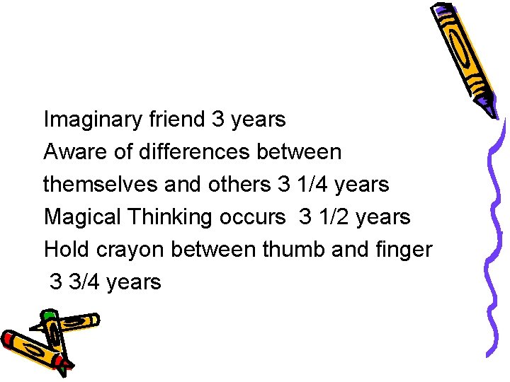 Imaginary friend 3 years Aware of differences between themselves and others 3 1/4 years