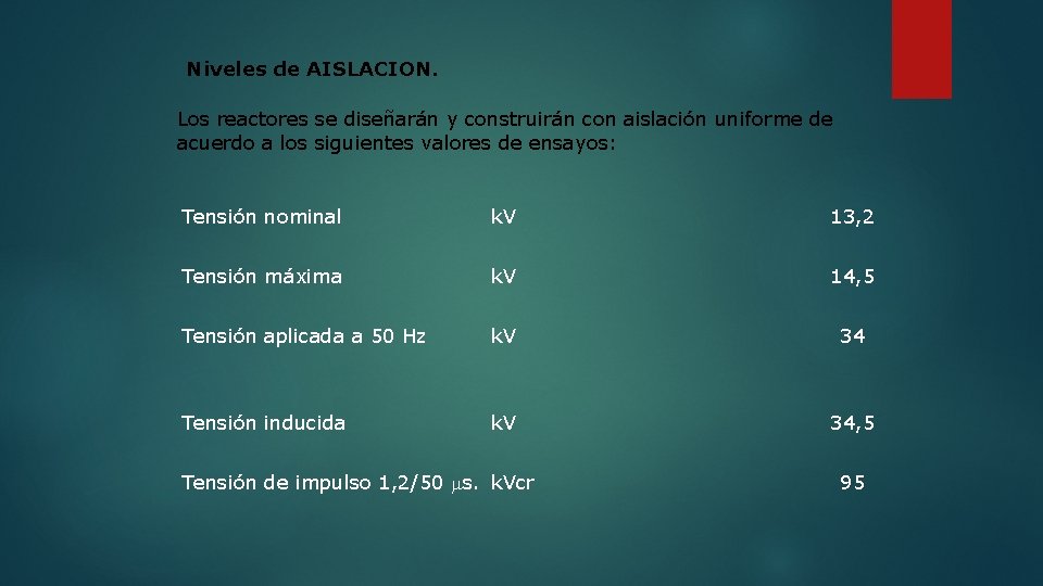 Niveles de AISLACION. Los reactores se diseñarán y construirán con aislación uniforme de acuerdo