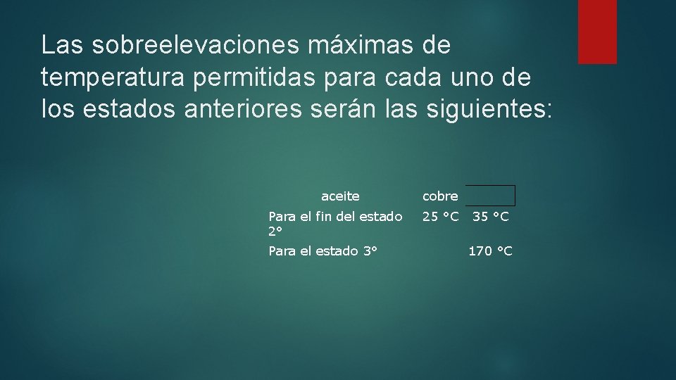 Las sobreelevaciones máximas de temperatura permitidas para cada uno de los estados anteriores serán