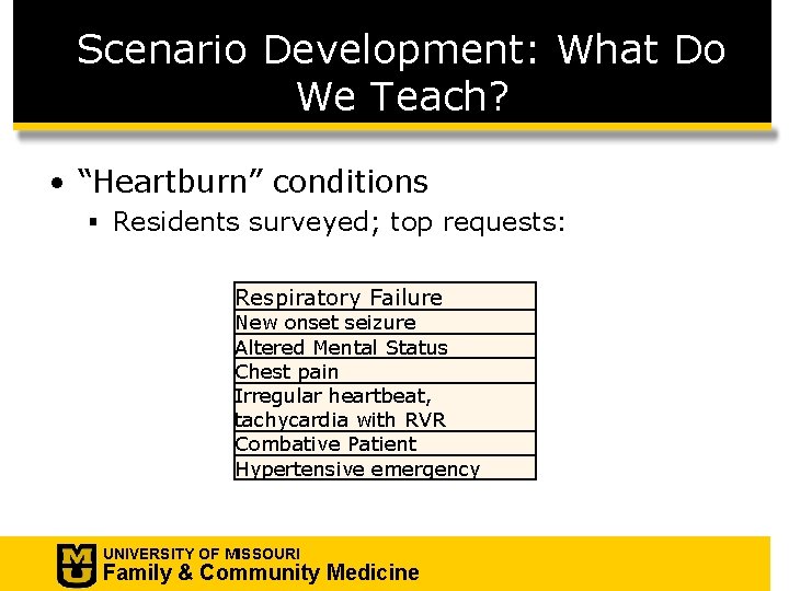 Scenario Development: What Do We Teach? • “Heartburn” conditions § Residents surveyed; top requests: