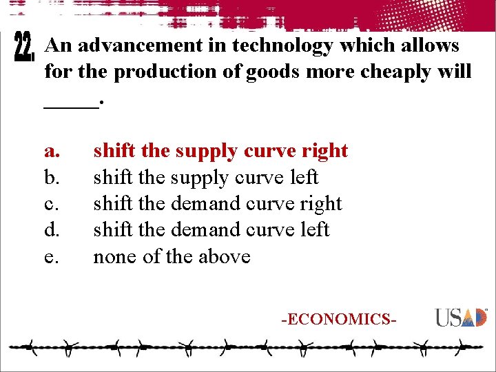 An advancement in technology which allows for the production of goods more cheaply will