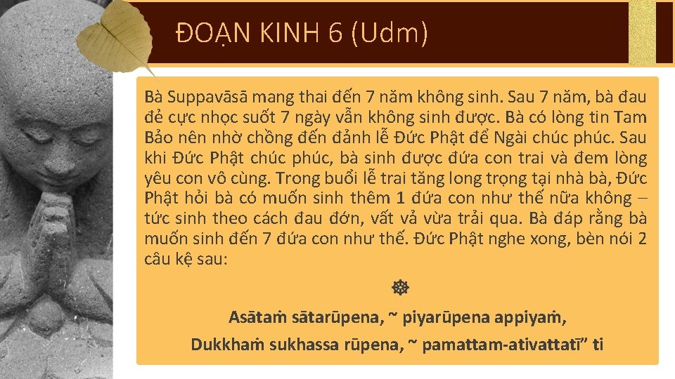 ĐOẠN KINH 6 (Udm) Bà Suppavāsā mang thai đến 7 năm không sinh. Sau