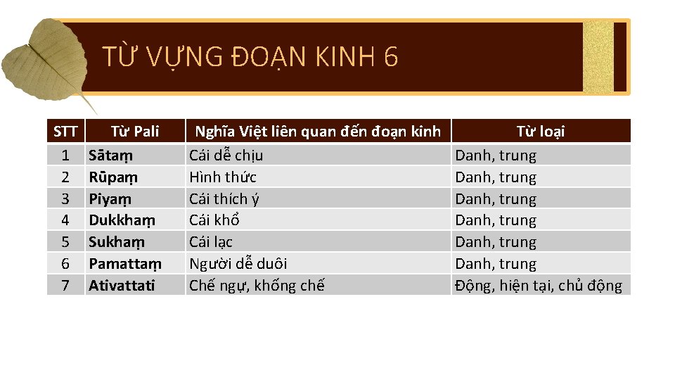 TỪ VỰNG ĐOẠN KINH 6 STT 1 2 3 4 5 6 7 Từ