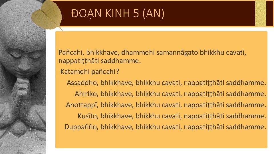 ĐOẠN KINH 5 (AN) Pañcahi, bhikkhave, dhammehi samannāgato bhikkhu cavati, nappatiṭṭhāti saddhamme. Katamehi pañcahi?