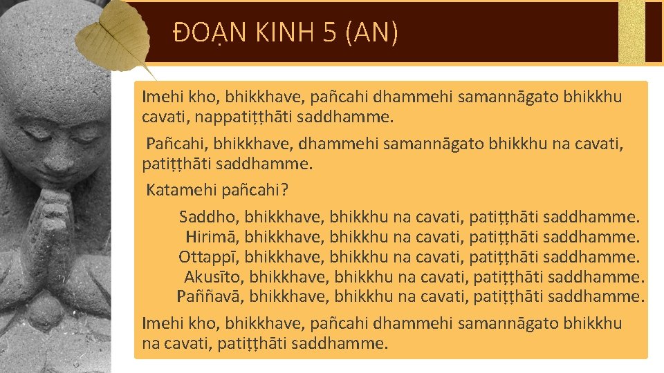 ĐOẠN KINH 5 (AN) Imehi kho, bhikkhave, pañcahi dhammehi samannāgato bhikkhu cavati, nappatiṭṭhāti saddhamme.