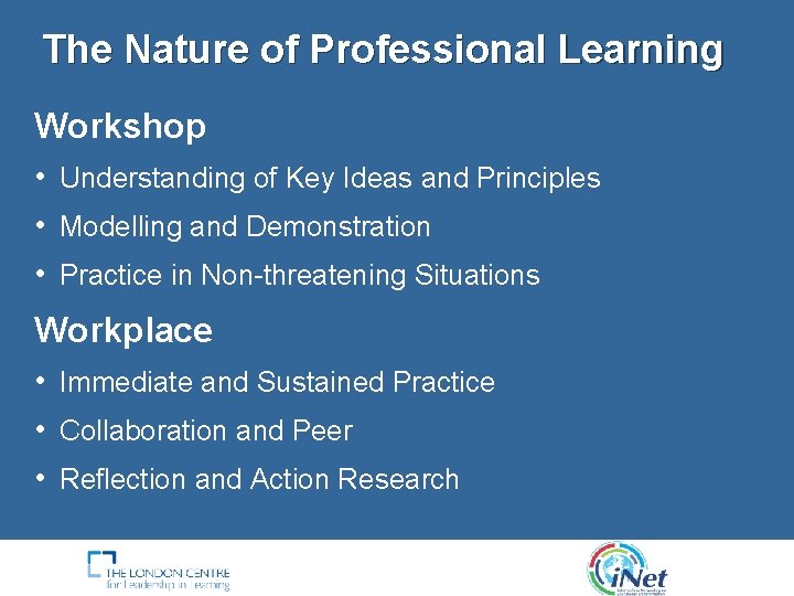 The Nature of Professional Learning Workshop • Understanding of Key Ideas and Principles •