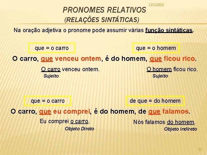 PRONOMES RELATIVOS 12/12/2021 (RELAÇÕES SINTÁTICAS) Na oração adjetiva o pronome pode assumir várias função