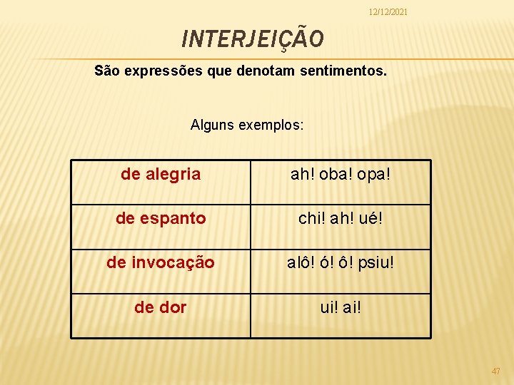 12/12/2021 INTERJEIÇÃO São expressões que denotam sentimentos. Alguns exemplos: de alegria ah! oba! opa!