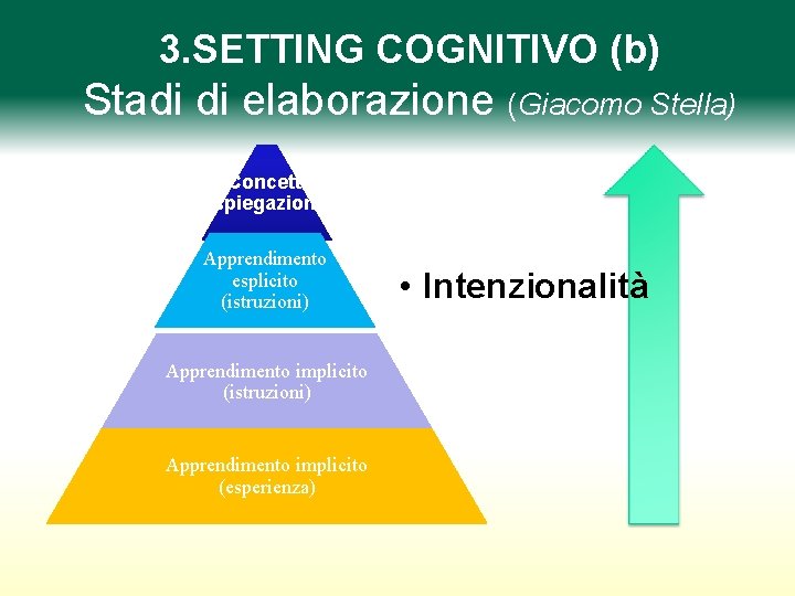 3. SETTING COGNITIVO (b) Stadi di elaborazione (Giacomo Stella) Concetti (spiegazioni) Apprendimento esplicito (istruzioni)