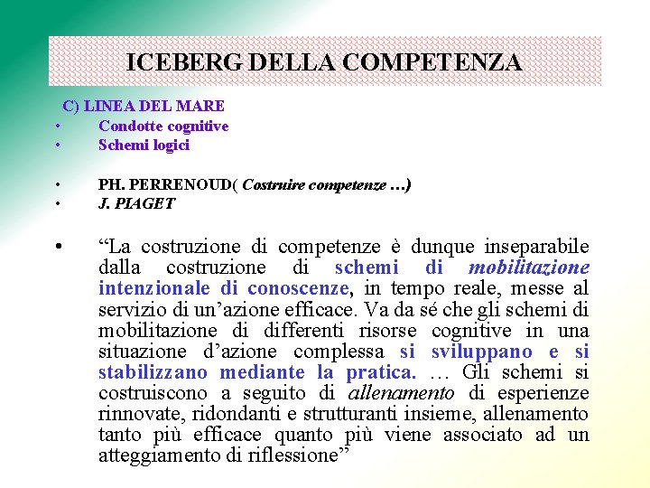 ICEBERG DELLA COMPETENZA C) LINEA DEL MARE • Condotte cognitive • Schemi logici •