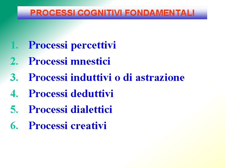 PROCESSI COGNITIVI FONDAMENTALI 1. 2. 3. 4. 5. 6. Processi percettivi Processi mnestici Processi