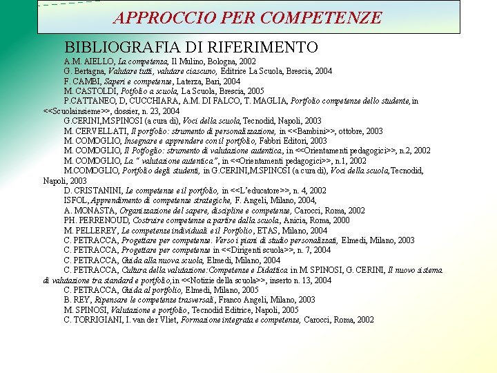 APPROCCIO PER COMPETENZE BIBLIOGRAFIA DI RIFERIMENTO A. M. AIELLO, La competenza, Il Mulino, Bologna,