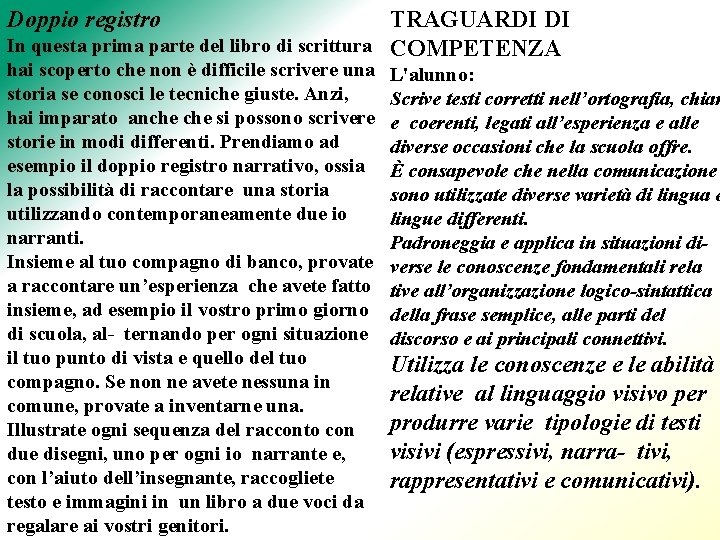 Doppio registro TRAGUARDI DI In questa prima parte del libro di scrittura COMPETENZA hai