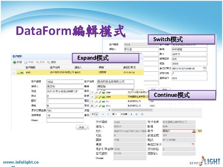 Data. Form編輯模式 Switch模式 Expand模式 Continue模式 www. infolight. co 