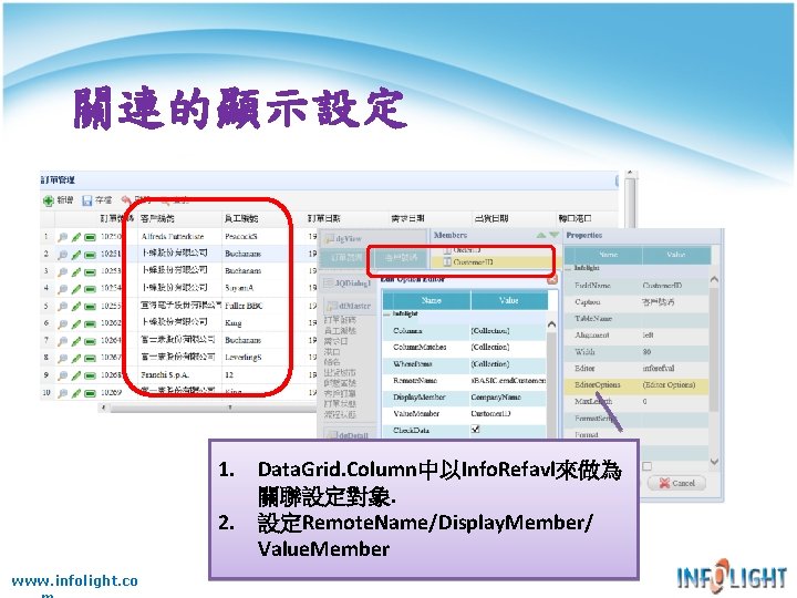 關連的顯示設定 1. Data. Grid. Column中以Info. Refavl來做為 關聯設定對象. 2. 設定Remote. Name/Display. Member/ Value. Member www.