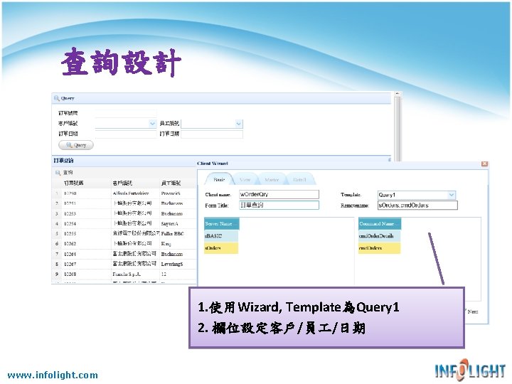 查詢設計 1. 使用Wizard, Template為Query 1 2. 欄位設定客戶/員 /日期 www. infolight. com 