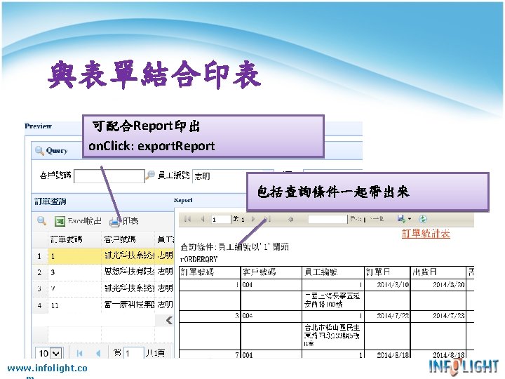 與表單結合印表 可配合Report印出 on. Click: export. Report 包括查詢條件一起帶出來 www. infolight. co 