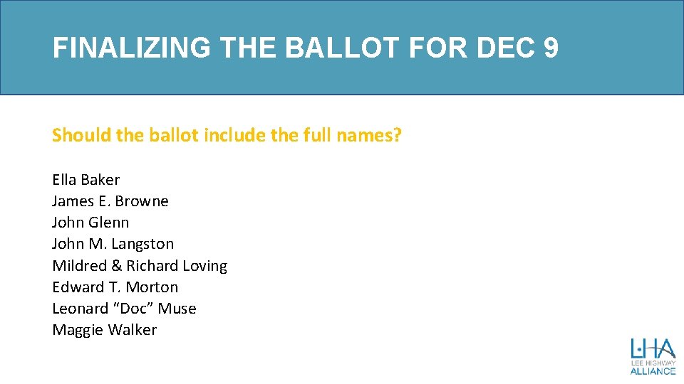 FINALIZING THE BALLOT FOR DEC 9 Should the ballot include the full names? Ella