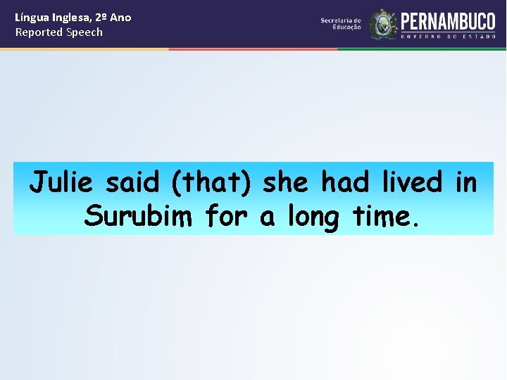 Língua Inglesa, 2º Ano Reported Speech Julie said (that) she had lived in Surubim
