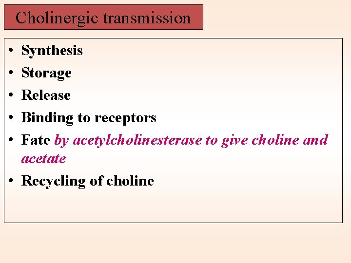 Cholinergic transmission • • • Synthesis Storage Release Binding to receptors Fate by acetylcholinesterase