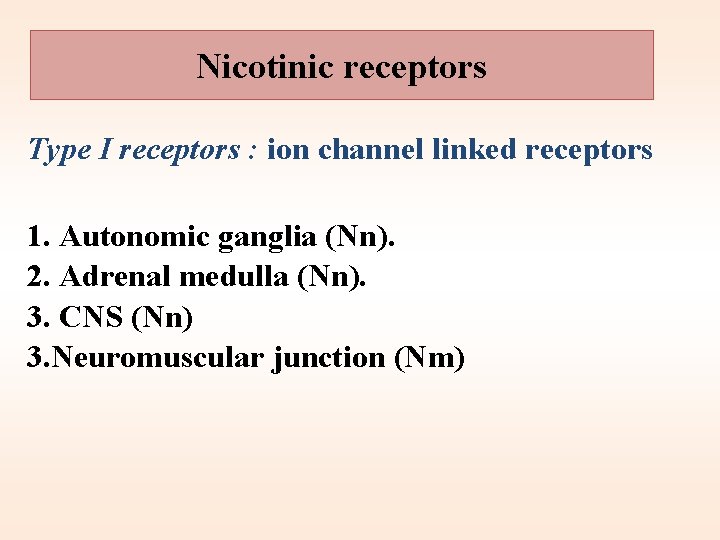 Nicotinic receptors Type I receptors : ion channel linked receptors 1. Autonomic ganglia (Nn).