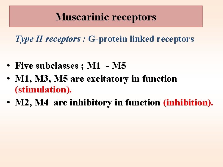 Muscarinic receptors Type II receptors : G-protein linked receptors • Five subclasses ; M